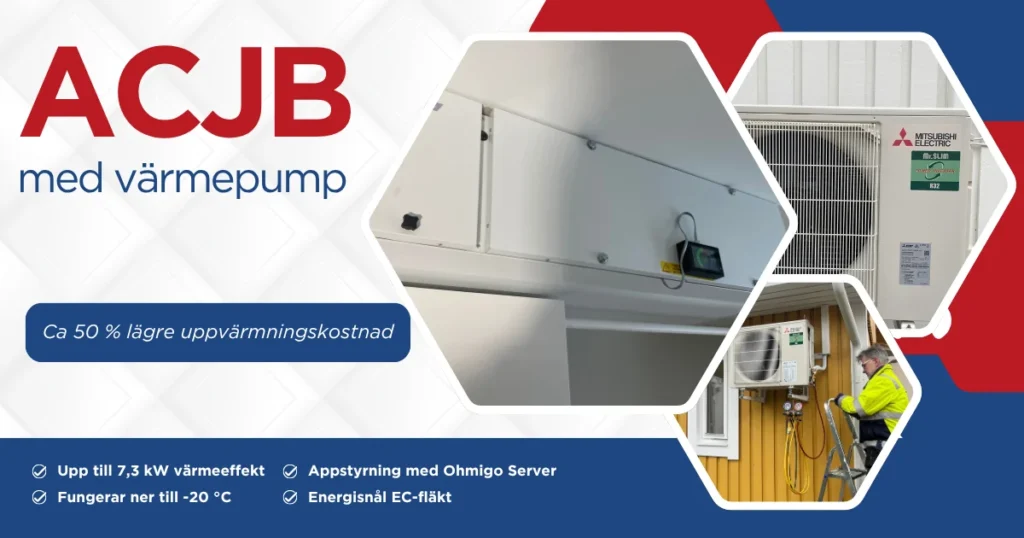 ACJB luftvärmeaggregat med värmepump från Mitsubishi Electric, installerat av Storstadens Ventilation AB