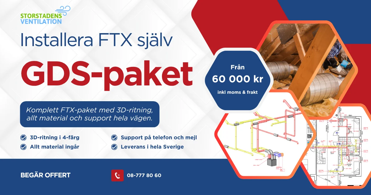 GDS-paket för att installera FTX själv i villa och radhus, med 3D-ritning i 4-färg, allt material och support, från 60 000 kr inklusive moms och frakt